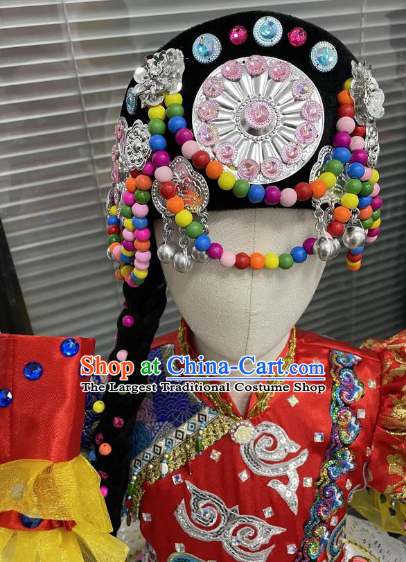 Top China Ethnic Children Folk Dance Hat Girl Stage Performance Headpiece Hani Nationality Dance Headwear