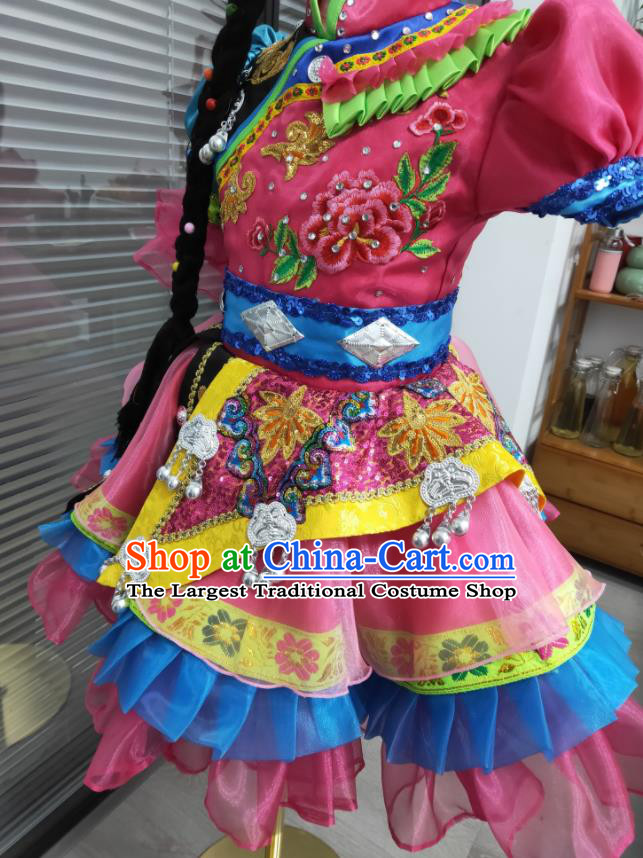 Chinese Yunnan Minority Dance Pink Dress Uniforms Lisu Nationality Children Festival Clothing Ethnic Folk Dance Garments
