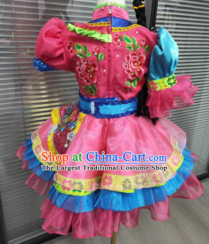 Chinese Yunnan Minority Dance Pink Dress Uniforms Lisu Nationality Children Festival Clothing Ethnic Folk Dance Garments