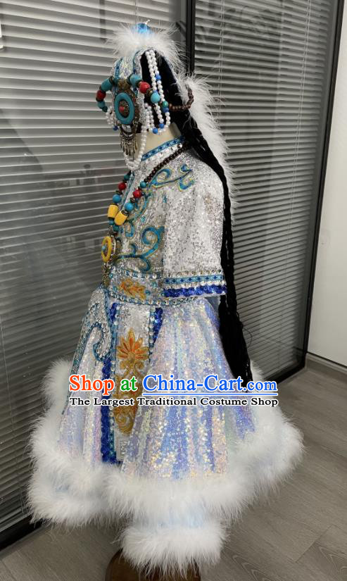 Chinese Tibetan Nationality Girl Festival Clothing Ethnic Children Folk Dance Garments Zang Minority Dance Blue Dress Uniforms