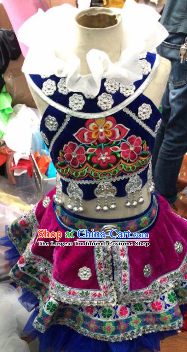 Chinese Yi Nationality Girl Performance Clothing Ethnic Children Folk Dance Garments Xiangxi Minority Dance Rosy Dress Uniforms