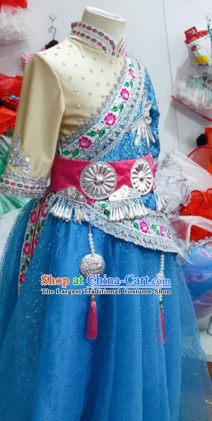 Chinese Mongol Minority Performance Blue Dress Uniforms Mongolian Nationality Girl Clothing Ethnic Children Folk Dance Garments