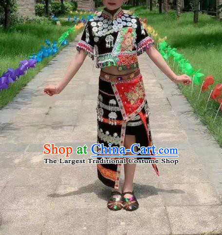 Chinese Yunnan Minority Dance Black Dress Uniforms Wa Nationality Girl Performance Clothing Ethnic Children Folk Dance Garments