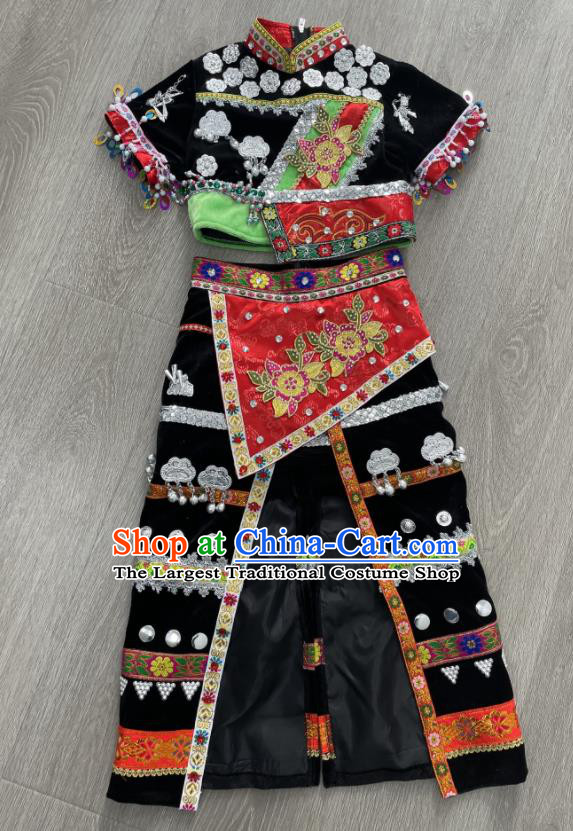 Chinese Yunnan Minority Dance Black Dress Uniforms Wa Nationality Girl Performance Clothing Ethnic Children Folk Dance Garments