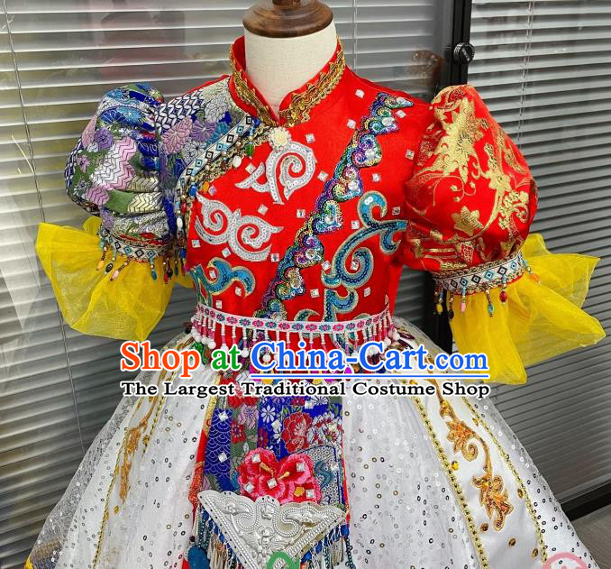 Chinese Ethnic Children Folk Dance Garments Yunnan Minority Dance Dress Uniforms Pumi Nationality Girl Performance Clothing