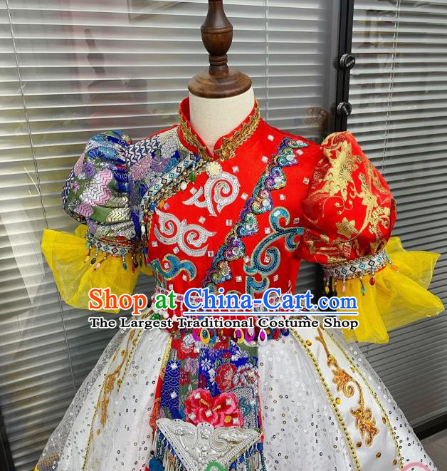 Chinese Ethnic Children Folk Dance Garments Yunnan Minority Dance Dress Uniforms Pumi Nationality Girl Performance Clothing