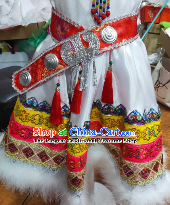 Chinese Ethnic Children Folk Dance Garments Mongol Minority Performance White Dress Uniforms Mongolian Nationality Girl Clothing and Hat