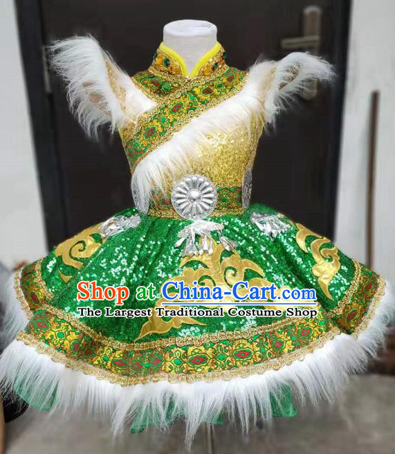 Chinese Zang Minority Performance Green Dress Tibetan Nationality Girl Clothing Ethnic Children Folk Dance Garments