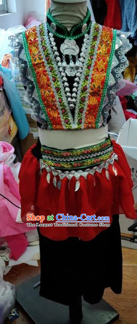 Chinese Yi Nationality Girl Clothing Ethnic Children Folk Dance Garments Xiangxi Minority Performance Uniforms