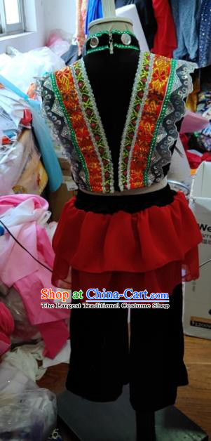Chinese Yi Nationality Girl Clothing Ethnic Children Folk Dance Garments Xiangxi Minority Performance Uniforms