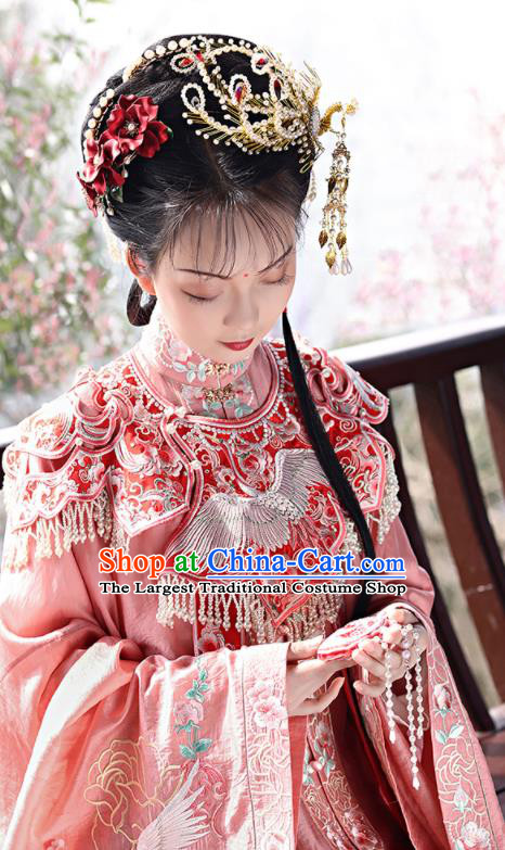 China Ming Dynasty Patrician Lady Historical Clothing Traditional Noble Mistress Pink Hanfu Dresses Ancient Young Beauty Garment Costumes