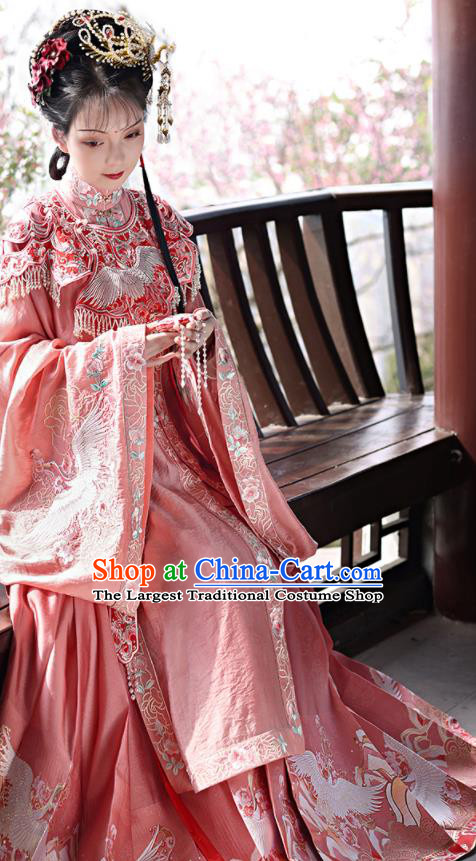 China Ming Dynasty Patrician Lady Historical Clothing Traditional Noble Mistress Pink Hanfu Dresses Ancient Young Beauty Garment Costumes