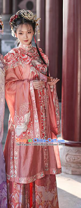 China Ming Dynasty Patrician Lady Historical Clothing Traditional Noble Mistress Pink Hanfu Dresses Ancient Young Beauty Garment Costumes