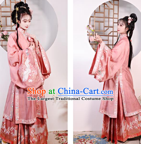 China Ming Dynasty Patrician Lady Historical Clothing Traditional Noble Mistress Pink Hanfu Dresses Ancient Young Beauty Garment Costumes