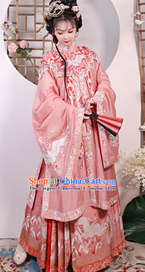 China Ming Dynasty Patrician Lady Historical Clothing Traditional Noble Mistress Pink Hanfu Dresses Ancient Young Beauty Garment Costumes