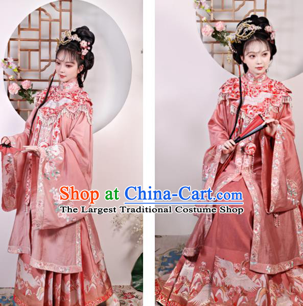 China Ming Dynasty Patrician Lady Historical Clothing Traditional Noble Mistress Pink Hanfu Dresses Ancient Young Beauty Garment Costumes
