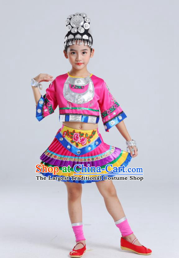 Chinese Ethnic Children Performance Garments Hmong Minority Girl Rosy Dress Outfits Miao Nationality Folk Dance Clothing