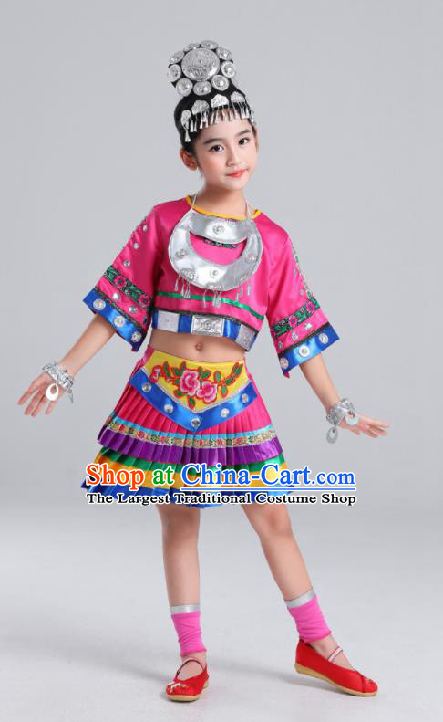 Chinese Ethnic Children Performance Garments Hmong Minority Girl Rosy Dress Outfits Miao Nationality Folk Dance Clothing
