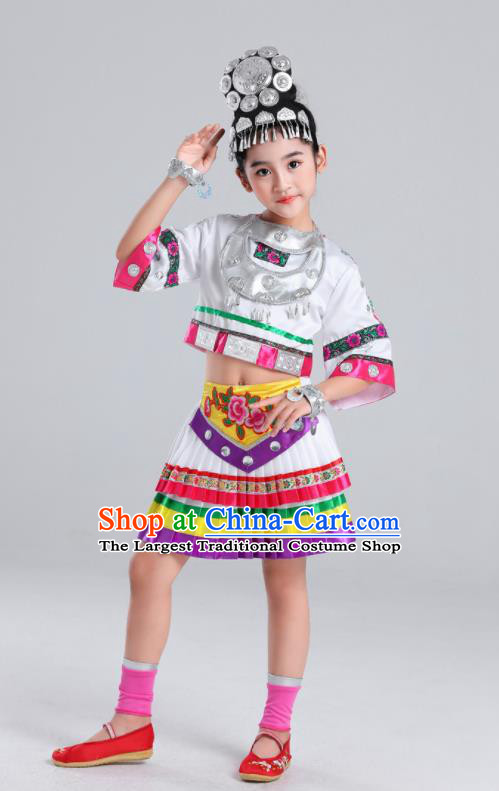 Chinese Miao Nationality Folk Dance Clothing Ethnic Children Performance Garments Hmong Minority Girl White Dress Outfits