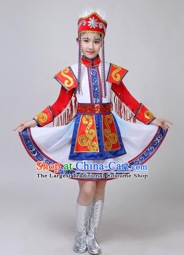 Chinese Mongolian Minority Girl White Dress Outfits Mongol Nationality Folk Dance Clothing Ethnic Children Performance Garments