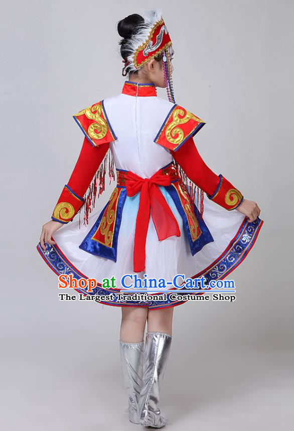 Chinese Mongolian Minority Girl White Dress Outfits Mongol Nationality Folk Dance Clothing Ethnic Children Performance Garments