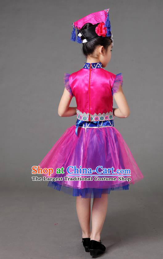 Chinese Ethnic Children Performance Garments Minority Girl Purple Dress Outfits Zhuang Nationality Folk Dance Clothing