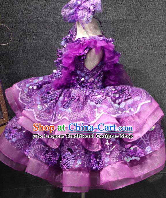 Top Girl Dance Performance Garment Catwalks Purple Flowers Bubble Dress Christmas Formal Evening Wear Children Day Stage Show Clothing