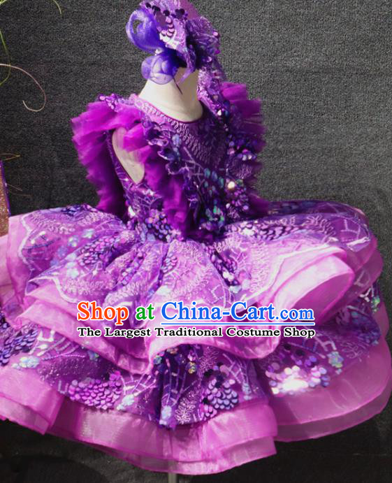 Top Girl Dance Performance Garment Catwalks Purple Flowers Bubble Dress Christmas Formal Evening Wear Children Day Stage Show Clothing