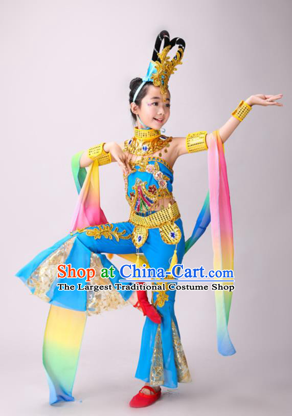 China Flying Dance Blue Outfits Children Classical Dance Costumes Stage Performance Dancewear Fairy Dance Clothing