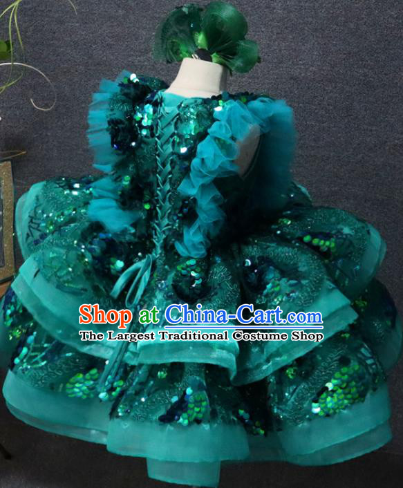 Top Children Stage Show Clothing Girl Dance Performance Garment Catwalks Green Flowers Bubble Dress Christmas Formal Evening Wear