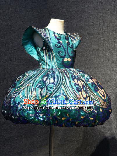 Top Catwalks Green Sequins Bubble Dress Christmas Formal Evening Wear Children Stage Show Clothing Girl Compere Performance Garment