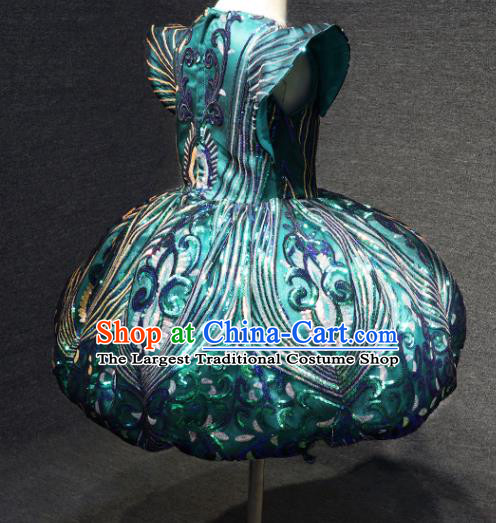 Top Catwalks Green Sequins Bubble Dress Christmas Formal Evening Wear Children Stage Show Clothing Girl Compere Performance Garment