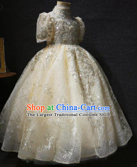 Top Children Stage Show Clothing Girl Compere Performance Garment Catwalks Beige Long Dress Christmas Formal Evening Wear