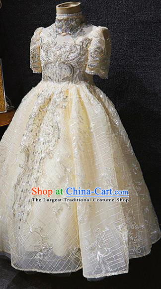 Top Children Stage Show Clothing Girl Compere Performance Garment Catwalks Beige Long Dress Christmas Formal Evening Wear