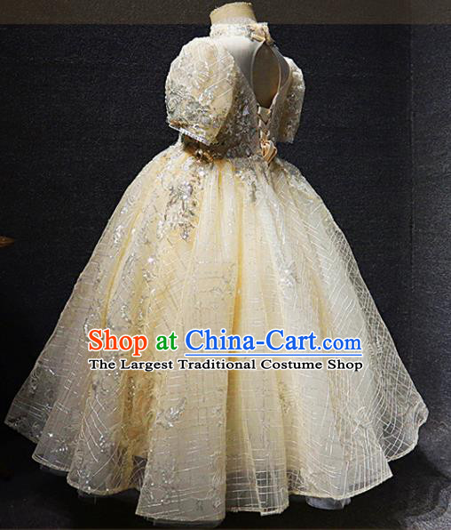 Top Children Stage Show Clothing Girl Compere Performance Garment Catwalks Beige Long Dress Christmas Formal Evening Wear