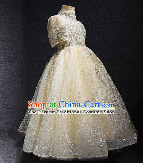 Top Children Stage Show Clothing Girl Compere Performance Garment Catwalks Beige Long Dress Christmas Formal Evening Wear