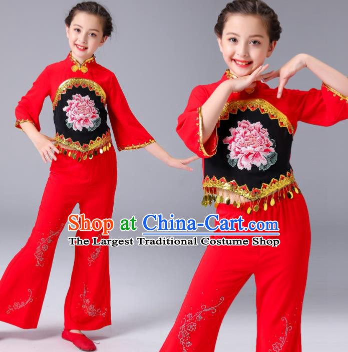 Chinese Folk Dance Costumes Fan Dance Dress Yangge Performance Clothing Children Yangko Dance Red Uniforms
