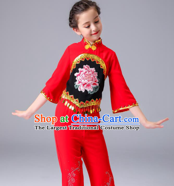 Chinese Folk Dance Costumes Fan Dance Dress Yangge Performance Clothing Children Yangko Dance Red Uniforms