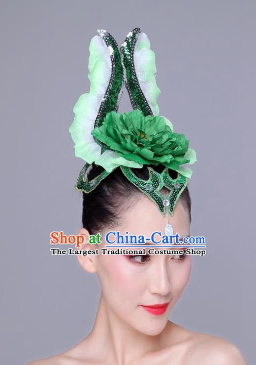 China Spring Festival Gala Peony Dance Headpiece Woman Opening Dance Group Dance Green Flower Hair Crown Modern Dance Hair Accessories