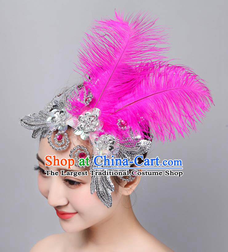 China Folk Dance Headpiece Woman Group Dance Rosy Feather Hair Stick Yangko Dance Hair Accessories