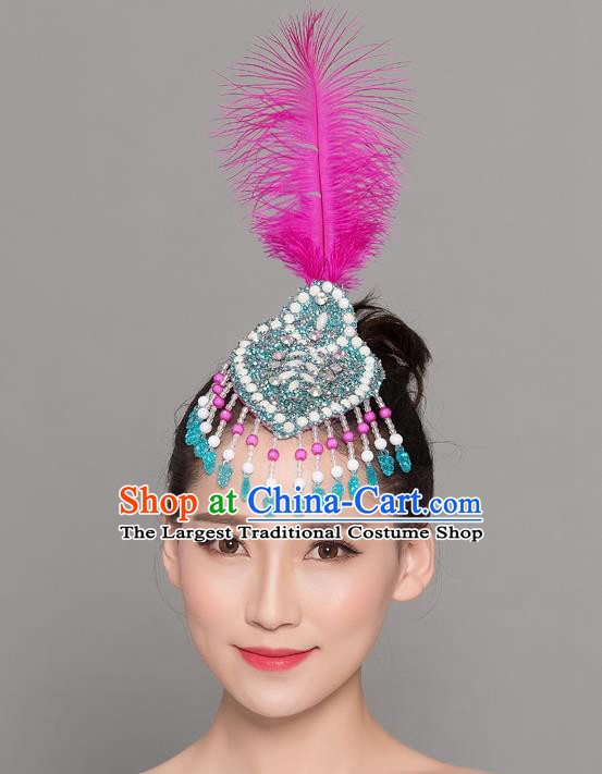 China Mongol Nationality Dance Rosy Feather Hair Stick Yangko Dance Hair Accessories Woman Group Dance Headpiece