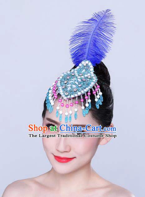 China Woman Group Dance Headpiece Mongol Nationality Dance Royalblue Feather Hair Stick Yangko Dance Hair Accessories