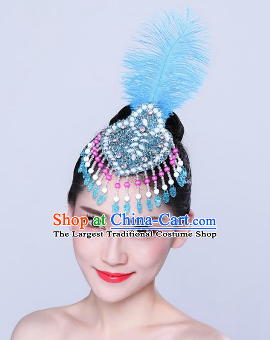 China Yangko Dance Hair Accessories Woman Group Dance Headpiece Mongol Nationality Dance Blue Feather Hair Stick