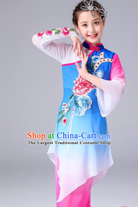 China Children Classical Dance Costumes Girl Stage Performance Dancewear Umbrella Dance Clothing Peony Dance Blue Outfits