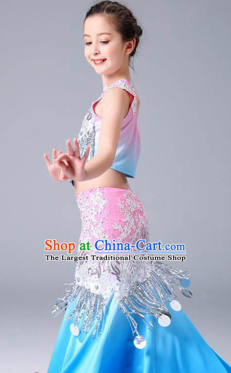 Chinese Ethnic Children Pavane Performance Garments Yunnan Minority Girl Dance Dress Outfits Dai Nationality Peacock Dance Clothing