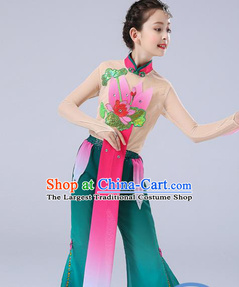 Chinese Children Yangko Dance Uniforms Folk Dance Costumes Girl Lotus Dance Dress New Year Performance Green Clothing