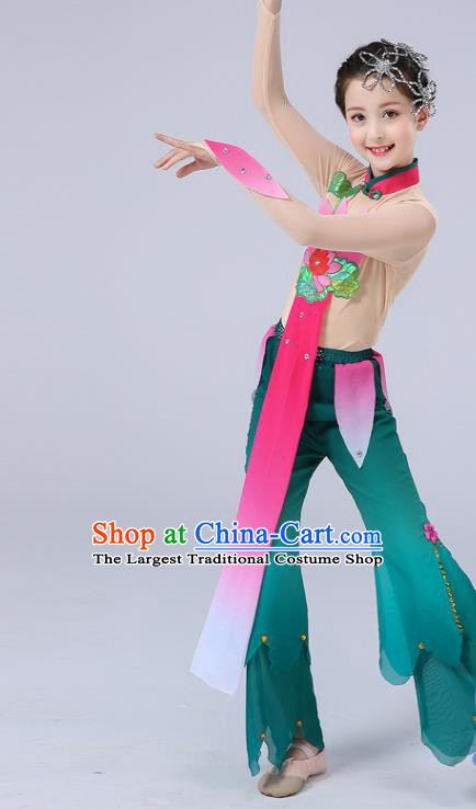 Chinese Children Yangko Dance Uniforms Folk Dance Costumes Girl Lotus Dance Dress New Year Performance Green Clothing