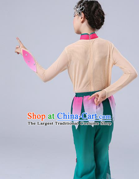 Chinese Children Yangko Dance Uniforms Folk Dance Costumes Girl Lotus Dance Dress New Year Performance Green Clothing