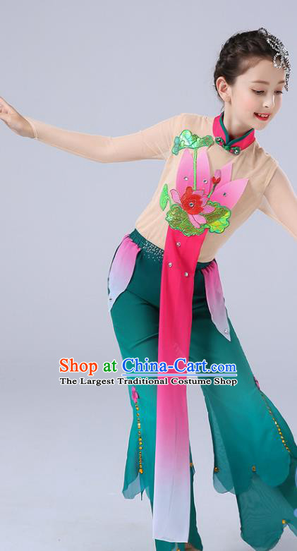Chinese Children Yangko Dance Uniforms Folk Dance Costumes Girl Lotus Dance Dress New Year Performance Green Clothing