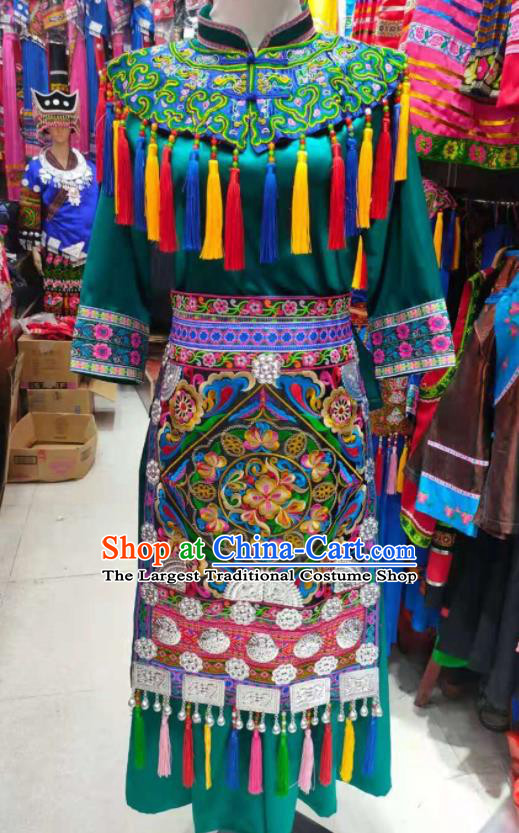 Chinese Dong Nationality Folk Dance Clothing Guizhou Festival Garments Minority Wedding Bride Green Dress Outfits